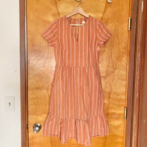 Pact Canopy Linen Blend Notch Neck Dress Organic Women's XXS Orange Striped